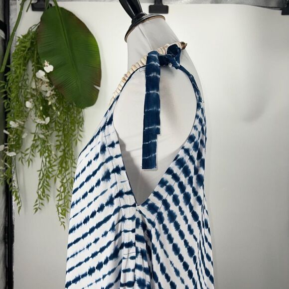 The Pō`alima Romper Blue/White V-Neck V Back Shoulder Tie  Boho Gypsy  Wide Leg - Picture 12 of 15